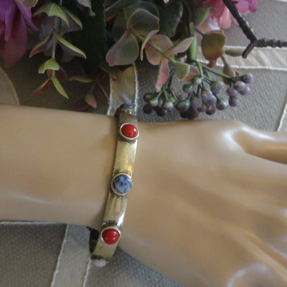 Multi-stone Antique Gold Bangle Cuff Bracelet